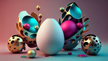 Etkileyici bir 3 boyutlu Paskalya yumurtası dizilimi keşfedin, dinamik ve soyut bir arkaplan oluşturun. Pastel renk paleti, sıvılaştırılmış fraktallar, yumuşak ışıklandırma, yansıtıcı yüzeyler ve ince dokular..