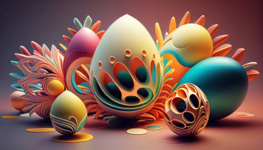 Etkileyici bir 3 boyutlu Paskalya yumurtası dizilimi keşfedin, dinamik ve soyut bir arkaplan oluşturun. Pastel renk paleti, sıvılaştırılmış fraktallar, yumuşak ışıklandırma, yansıtıcı yüzeyler ve ince dokular..