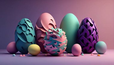 Etkileyici bir 3 boyutlu Paskalya yumurtası dizilimi keşfedin, dinamik ve soyut bir arkaplan oluşturun. Pastel renk paleti, sıvılaştırılmış fraktallar, yumuşak ışıklandırma, yansıtıcı yüzeyler ve ince dokular..