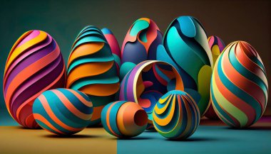 Etkileyici bir 3 boyutlu Paskalya yumurtası dizilimi keşfedin, dinamik ve soyut bir arkaplan oluşturun. Pastel renk paleti, sıvılaştırılmış fraktallar, yumuşak ışıklandırma, yansıtıcı yüzeyler ve ince dokular..