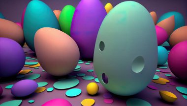 Etkileyici bir 3 boyutlu Paskalya yumurtası dizilimi keşfedin, dinamik ve soyut bir arkaplan oluşturun. Pastel renk paleti, sıvılaştırılmış fraktallar, yumuşak ışıklandırma, yansıtıcı yüzeyler ve ince dokular..