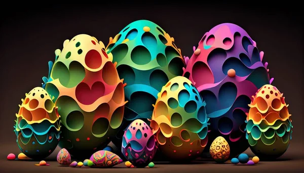 stock image Discover a captivating 3D Easter eggs arrangement, set against a dynamic abstract background. Featuring a pastel color palette, liquified fractals, soft lighting, reflective surfaces, and subtle textures.