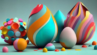 Etkileyici bir 3 boyutlu Paskalya yumurtası dizilimi keşfedin, dinamik ve soyut bir arkaplan oluşturun. Pastel renk paleti, sıvılaştırılmış fraktallar, yumuşak ışıklandırma, yansıtıcı yüzeyler ve ince dokular..