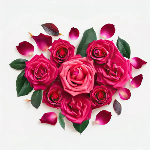 red and pink roses isolated on white background. top view