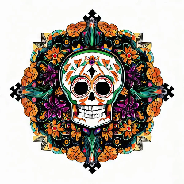 メキシコ文化の背景にある花と頭蓋骨 — ストック写真