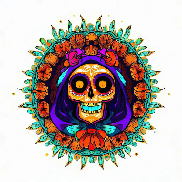 Mexikanischer Totenkopf Mit Blumen Und Blumenschmuck Halloween — Stockfoto