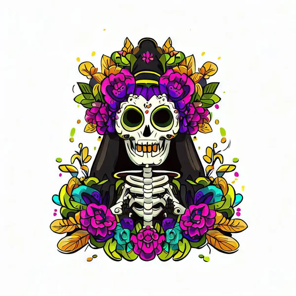 Calavera Mexicana Flores Hojas Mexicano Muerto Ilustración Vectorial — Foto de Stock