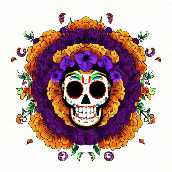 Κρανίο Μεξικάνικα Λουλούδια Και Φύλλα Του Μεξικού — Φωτογραφία Αρχείου