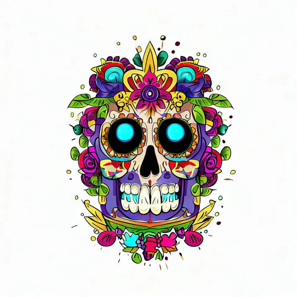 花とメキシコの頭蓋骨 水彩デザイン — ストック写真