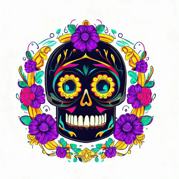 Skalle Med Blommor Och Blad Mexico Dag Vektor Illustration Design — Stockfoto