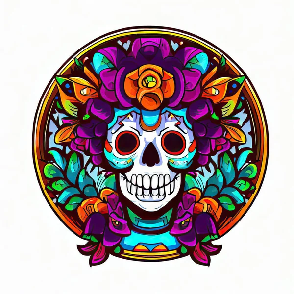 Vektor Handritad Illustration Mexikansk Skalle Färgglada Blommor Vit Bakgrund — Stockfoto
