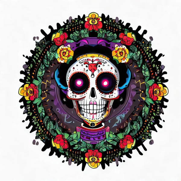 Mexikanischer Totenkopf Mit Blumen Vektorillustration — Stockfoto
