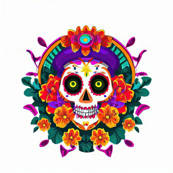 Der Mexikanische Totenkopf Mit Blumen Und Blumen — Stockfoto