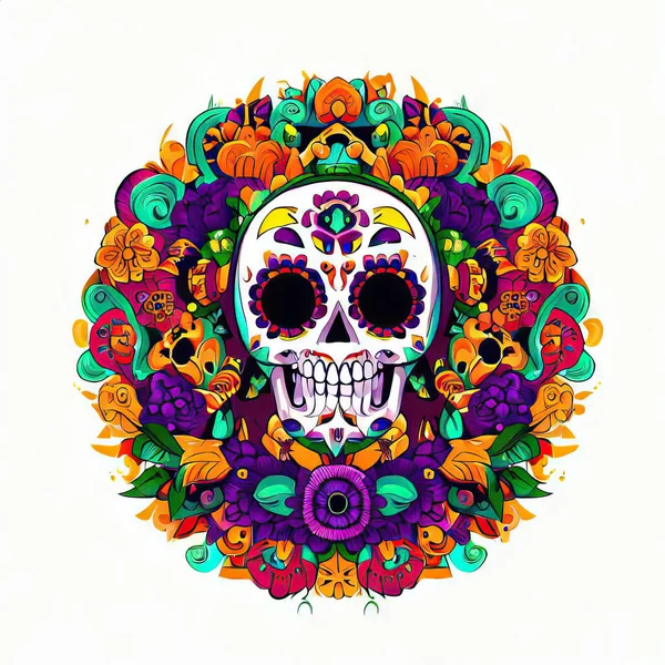 花と葉を持つメキシコの頭蓋骨のベクターイラスト — ストック写真