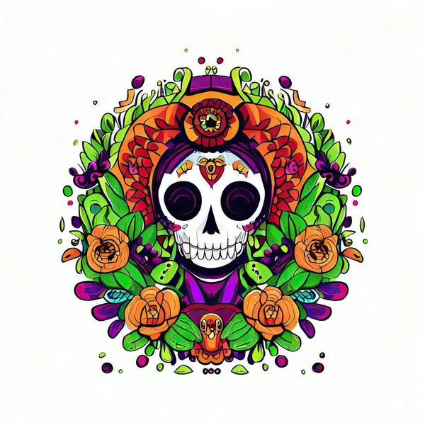 Mexikansk Skalle Med Blommor Och Blommig Design Vektor Illustration — Stockfoto
