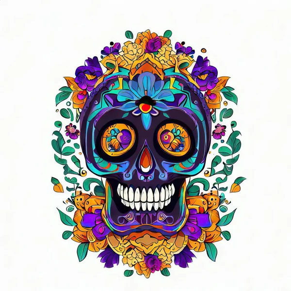 Mexikansk Skalle Med Blommor Vektor Illustration — Stockfoto