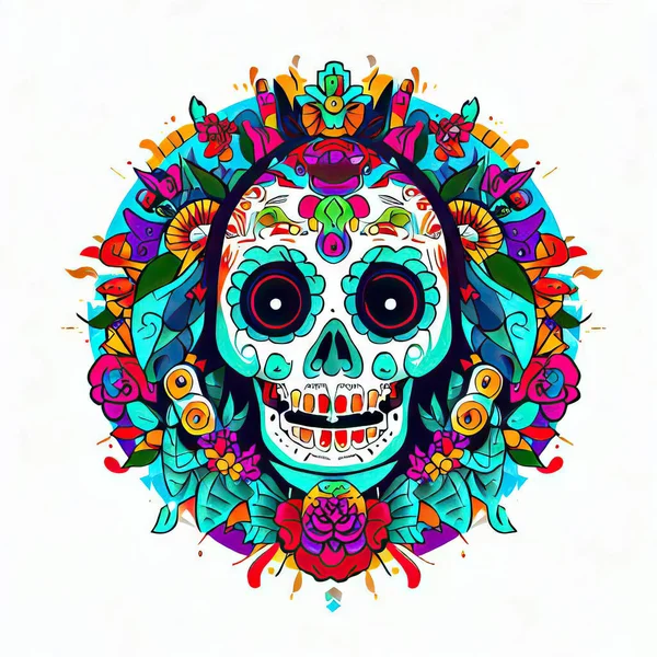 Mexikanischer Totenkopf Mit Blüten Und Blättern Auf Weißem Hintergrund — Stockfoto