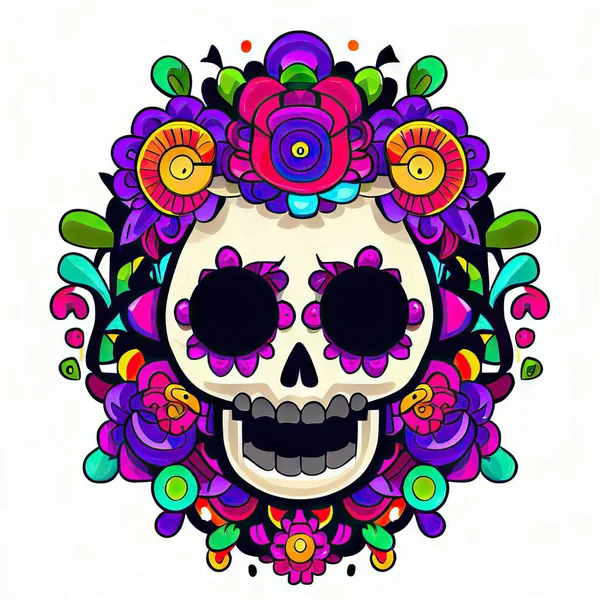 Färgglada Mexikanska Skalle Och Blomma — Stockfoto