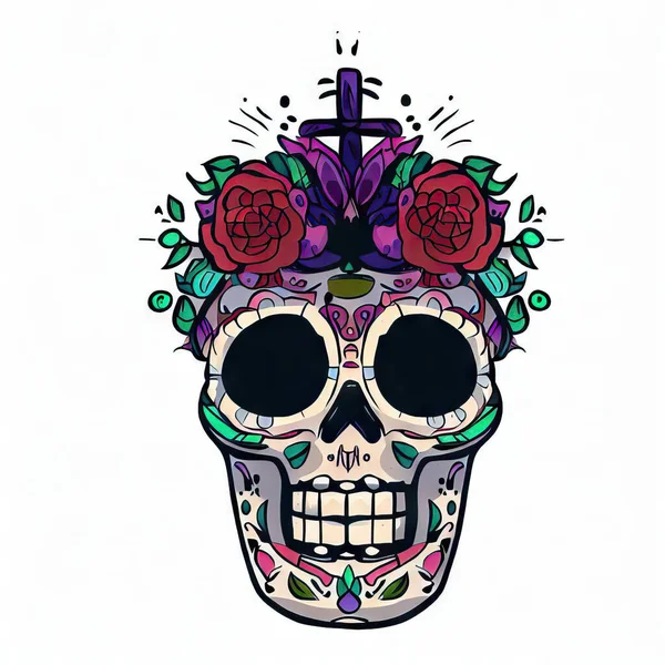 长着花和叶子的墨西哥骷髅 纹身或海报用手绘矢量图解 — 图库照片
