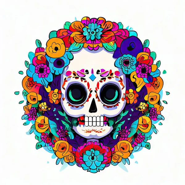 Totenkopf Mit Mexikanischen Blumen Vektor — Stockfoto