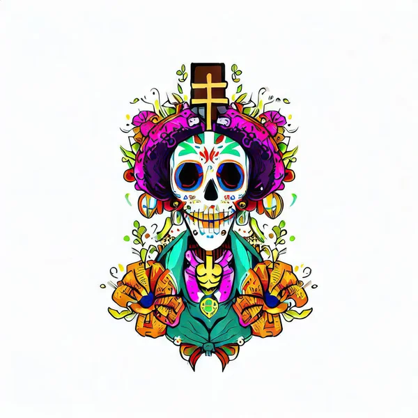Calavera Con Flores Sombrero Mexicano Ilustración Vectorial —  Fotos de Stock
