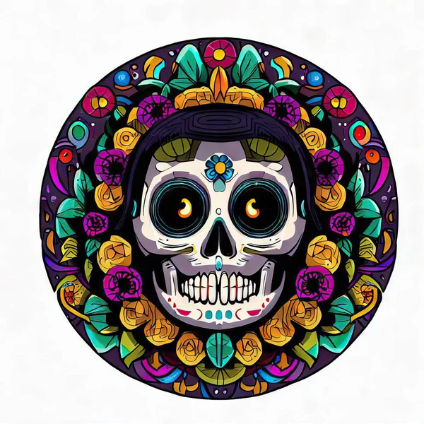 Dia Mexicano Dos Mortos Com Crânio Ilustração Vetorial Colorido — Fotografia de Stock