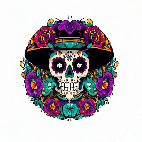 Vector Cráneo Mexicano Con Sombrero Flores Elementos Florales Sobre Fondo —  Fotos de Stock