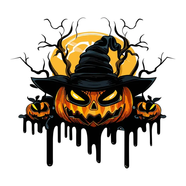 Šťastná Halloweenská Párty Vektorová Ilustrace Dýně Lebka Čarodějnice Klobouk Netopýry — Stockový vektor