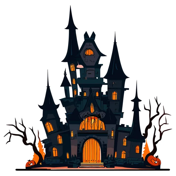 Casa Calabaza Halloween Con Castillo Ilustración Vector Bruja — Vector de stock
