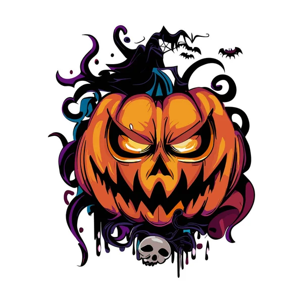 Illustration Vectorielle Halloween Avec Citrouille Chapeau Sorcière Crâne Citrouille Chauve — Image vectorielle