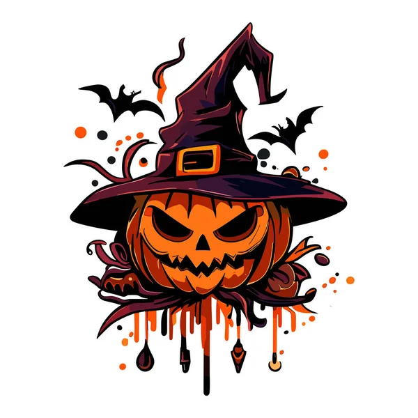 Calabaza Halloween Con Sombrero Bruja Escoba Ilustración Vectorial — Vector de stock