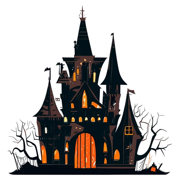 Halloween Kasteel Met Eng Pompoen Vleermuizen Vector Illustratie — Stockvector