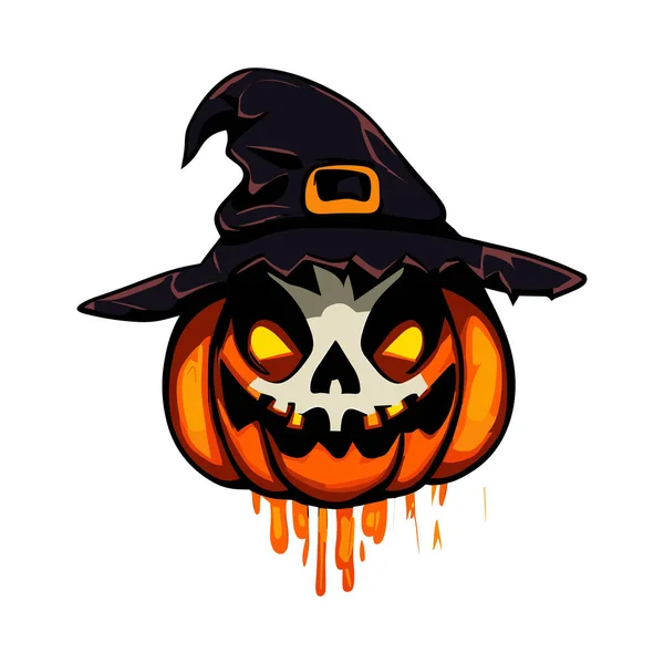 Cabeza Calabaza Halloween Con Diseño Ilustración Vector Sombrero Bruja — Vector de stock