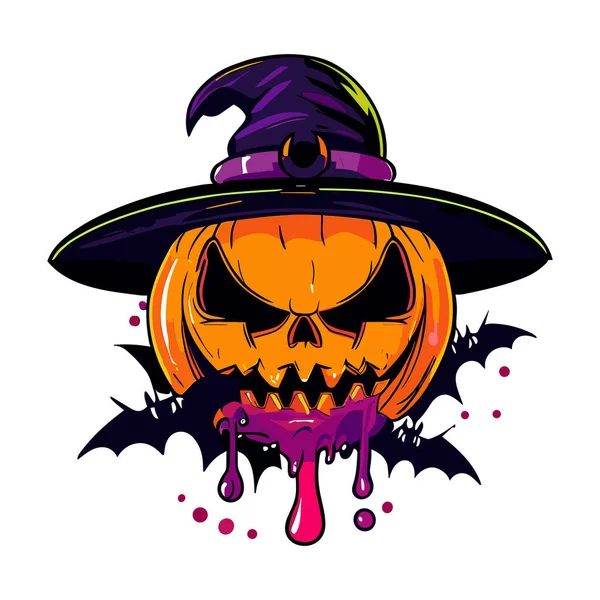 Fröhliches Halloween Vektor Illustration Von Hexenhut Und Fledermaus — Stockvektor