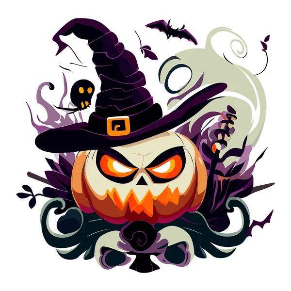 Vetor Halloween Ilustração Abóbora Bruxa Com Crânio Chapéu Bruxa Vassoura —  Vetores de Stock