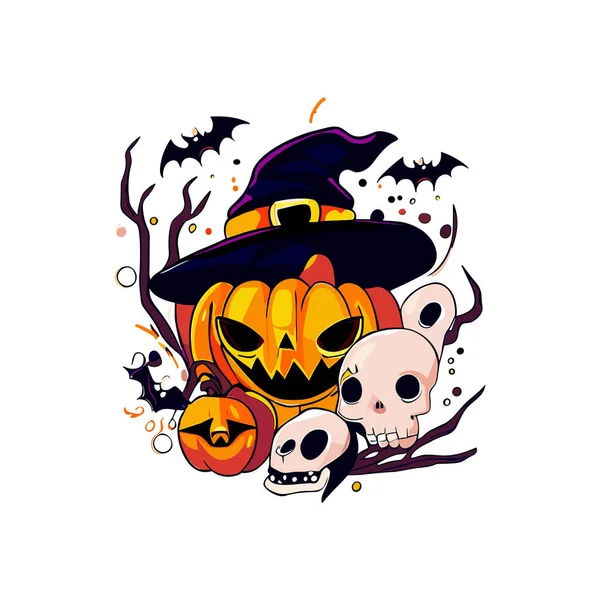 Illustration Halloween Avec Crâne Citrouille Chauve Souris Chapeau Sorcière Citrouilles — Image vectorielle