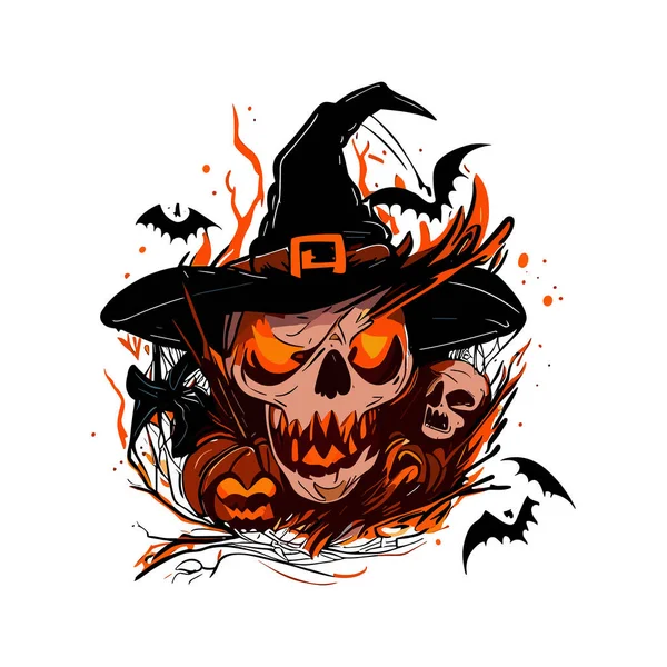 Hand Drawn Vector Halloween Skull Pumpkin — Stock Vector
