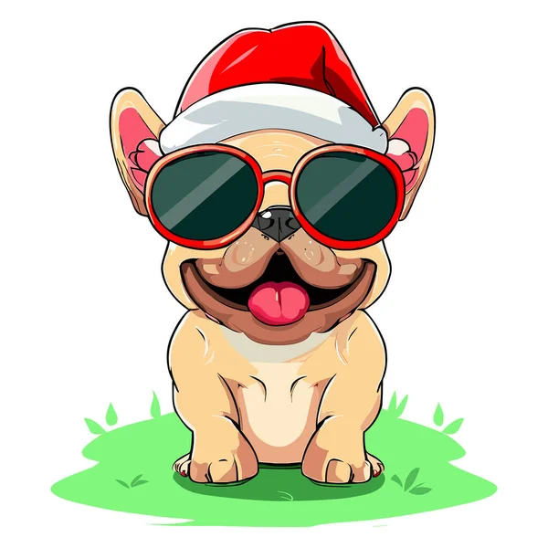 Bulldogge Mit Sonnenbrille Und Weihnachtsmütze — Stockvektor