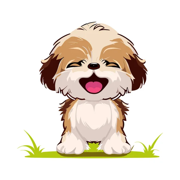 Cute Cartoon Shih Tzu Puppy Sitting Grass White Background Vector — Stock Vector