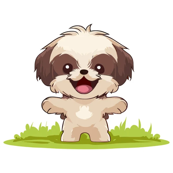 Cute Shiittzu Dog Sitting Grass Vector Illustration Cartoon Style — Stock Vector