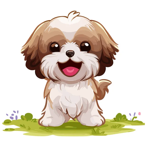 Vektor Ilustrasi Anjing Shih Tzu Lucu Dengan Senyum Lebar Duduk - Stok Vektor