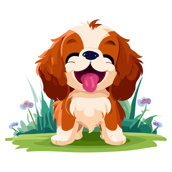 Anjing Kartun Yang Bahagia Dan Lucu Duduk Rumput - Stok Vektor