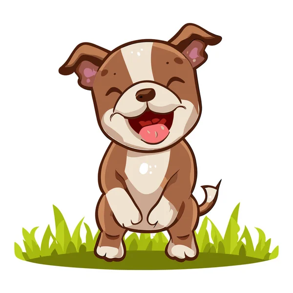 Καρτούν Χαρούμενο Σκυλί Χαρούμενο Πρόσωπο Κάθεται Στο Πράσινο Γρασίδι — Διανυσματικό Αρχείο