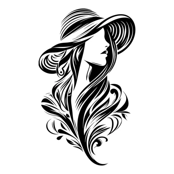 Schöne Frau Mit Langen Haaren Und Hut Vektorabbildung Schwarz Weiß — Stockvektor