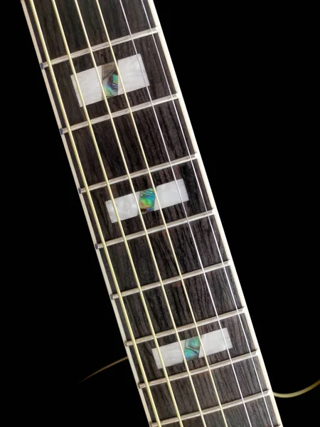 Primer Plano Guitarra Diapasón Ingeniería Madera Diapasón Guitarra Con Marca —  Fotos de Stock