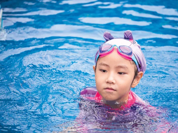 Asian Child Kid Girl Wearing Swimming Suit Learning Swimming Pool — Stock Photo, Image