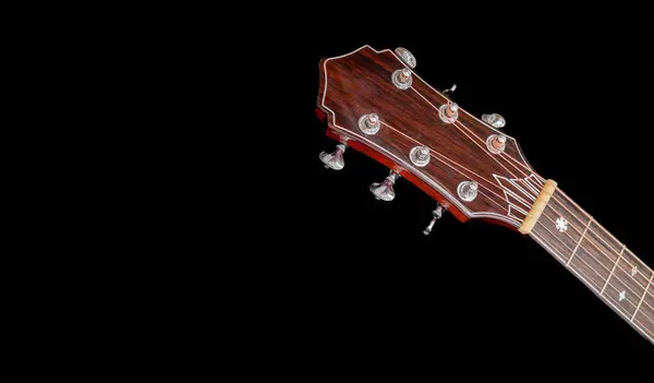 暗い背景に6弦のアコースティックギターの首 黒を基調としたギターネック 6弦アコースティックギターの木の首 ギターの指板 ヘッドストック チューニングマシン 選択的焦点 — ストック写真