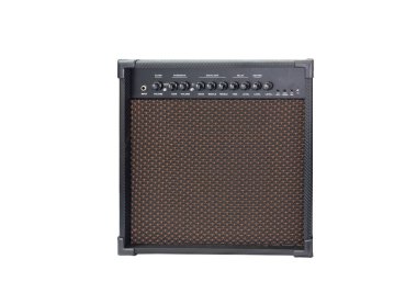 Gitar yükselticisi beyaz arka planda izole edildi, EQ ile temiz ve aşırı güç Chanel ve gecikme ve yankı efekti. ön görünüm