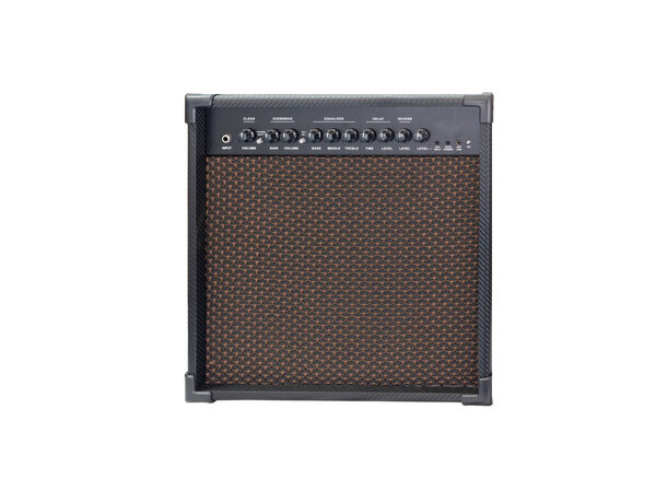 Guitar amplifier isolated on white background, clean and overdrive chanel with EQ and delay and reverb effect. front view