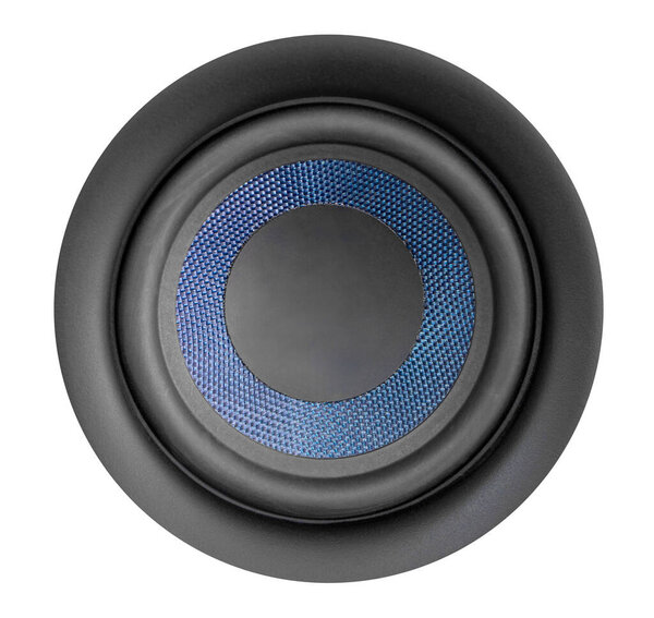 Close up shot of loudspeaker black and blue color , white background